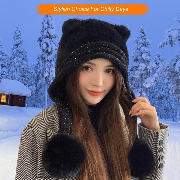 Women Black Winter Sherpa Beanie Hats Knit Ear Flaps Peruvian Cover Ears main image 8